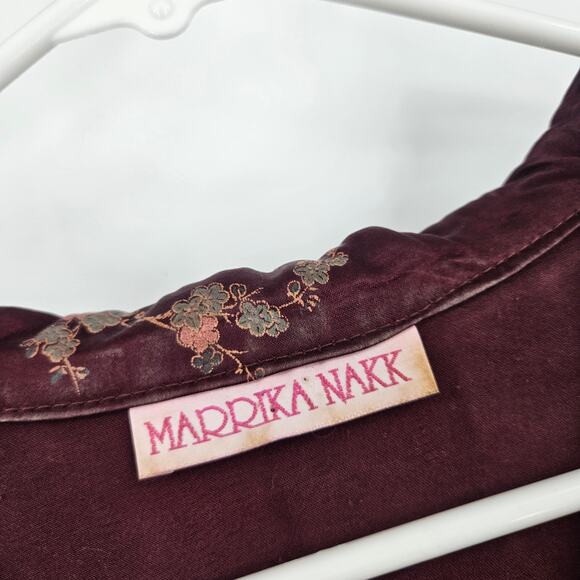 Marrika Nakk Asian Vintage y2k Blouse Top Maroon Floral Button Up Faux Fur M - Picture 4 of 5